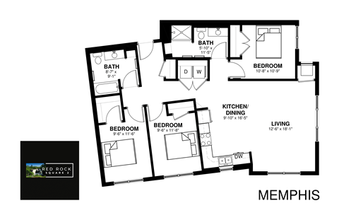 Floor plan for 3 beds, 2 baths, 1295 sqft